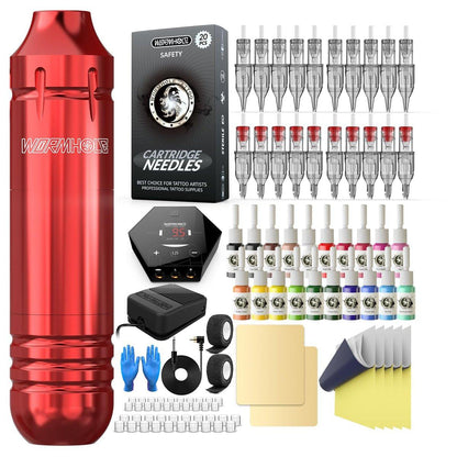 Wormhole Tattoo Tattoo-Einsteiger-Kit – Rotations-Tattoo-Pen-Kit mit 20 Farbtinten, 20 Kartuschennadeln & Netzteil für Tattoo-Übungen (105-teilig, Rot)