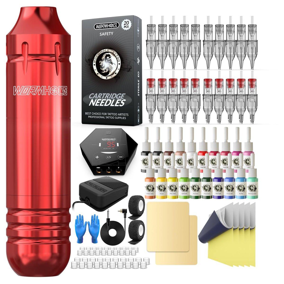 Wormhole Tattoo Tattoo-Einsteiger-Kit – Rotations-Tattoo-Pen-Kit mit 20 Farbtinten, 20 Kartuschennadeln & Netzteil für Tattoo-Übungen (105-teilig, Rot)