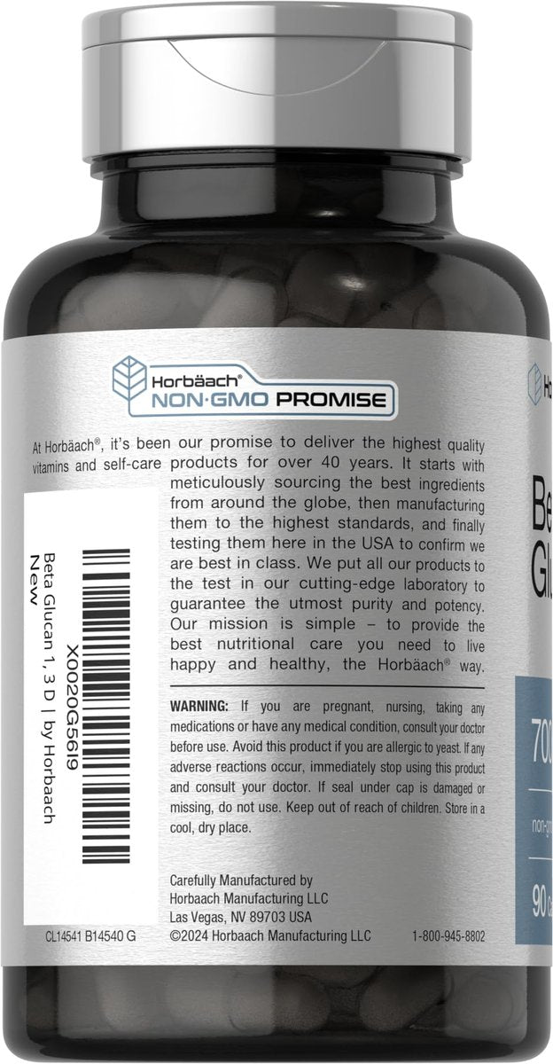 Horbäach Beta Glucan 1,3D 700 mg | 90 Kapseln | Beta 1,3, 1,6 D Glucan | Nicht-GMO, Glutenfrei
