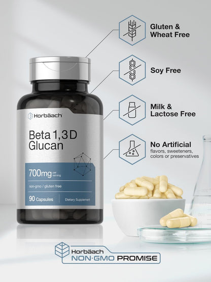 Horbäach Beta Glucan 1,3D 700 mg | 90 Kapseln | Beta 1,3, 1,6 D Glucan | Nicht-GMO, Glutenfrei