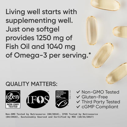 Sports Research Triple Strength Omega 3 Fischöl 1250mg aus Wild Alaska Pollock - Burpless Fischöl Supplement mit Omega-3 EPA & DHA - Nachhaltig bezogen, Nicht-GVO, Glutenfrei - 30 Softgels