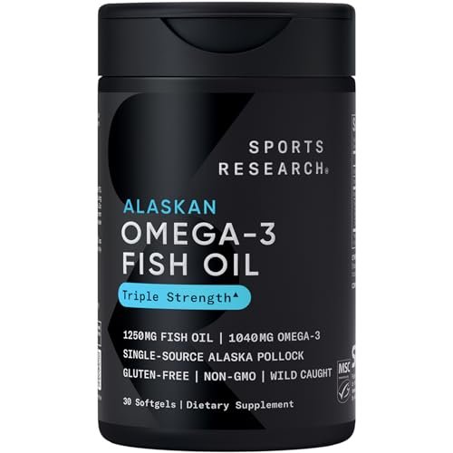 Sports Research Triple Strength Omega 3 Fischöl 1250mg aus Wild Alaska Pollock - Burpless Fischöl Supplement mit Omega-3 EPA & DHA - Nachhaltig bezogen, Nicht-GVO, Glutenfrei - 30 Softgels