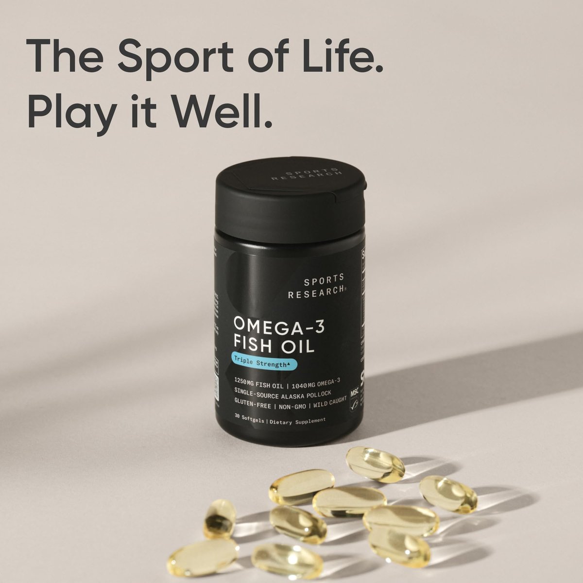 Sports Research Triple Strength Omega 3 Fischöl 1250mg aus Wild Alaska Pollock - Burpless Fischöl Supplement mit Omega-3 EPA & DHA - Nachhaltig bezogen, Nicht-GVO, Glutenfrei - 30 Softgels