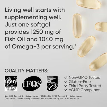 Sports Research Triple Strength Omega 3 Fischöl 1250mg aus Wild Alaska Pollock - Burpless Fischöl Supplement mit Omega-3 EPA & DHA - Nachhaltig bezogen, Nicht-GVO, Glutenfrei - 30 Softgels