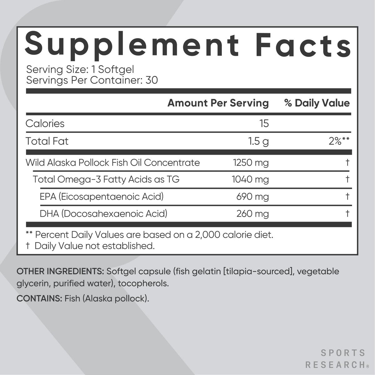 Sports Research Triple Strength Omega 3 Fischöl 1250mg aus Wild Alaska Pollock - Burpless Fischöl Supplement mit Omega-3 EPA & DHA - Nachhaltig bezogen, Nicht-GVO, Glutenfrei - 30 Softgels