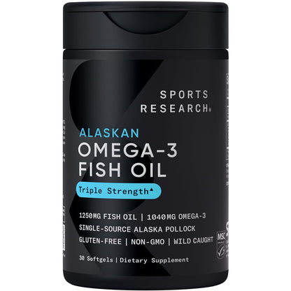 Sports Research Triple Strength Omega 3 Fischöl 1250mg aus Wild Alaska Pollock - Burpless Fischöl Supplement mit Omega-3 EPA & DHA - Nachhaltig bezogen, Nicht-GVO, Glutenfrei - 30 Softgels