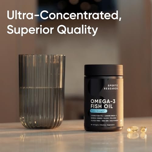 Sports Research Triple Strength Omega 3 Fischöl 1250mg aus Wild Alaska Pollock - Burpless Fischöl Supplement mit Omega-3 EPA & DHA - Nachhaltig bezogen, Nicht-GVO, Glutenfrei - 30 Softgels
