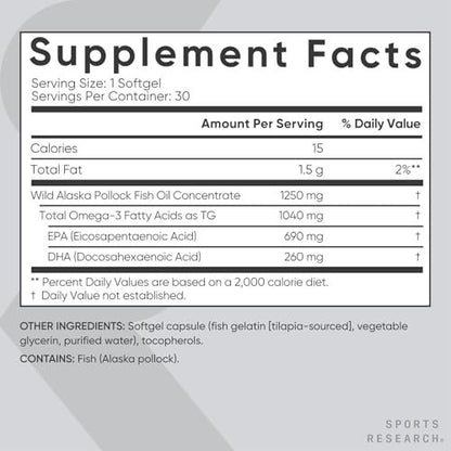 Sports Research Triple Strength Omega 3 Fischöl 1250mg aus Wild Alaska Pollock - Burpless Fischöl Supplement mit Omega-3 EPA & DHA - Nachhaltig bezogen, Nicht-GVO, Glutenfrei - 30 Softgels