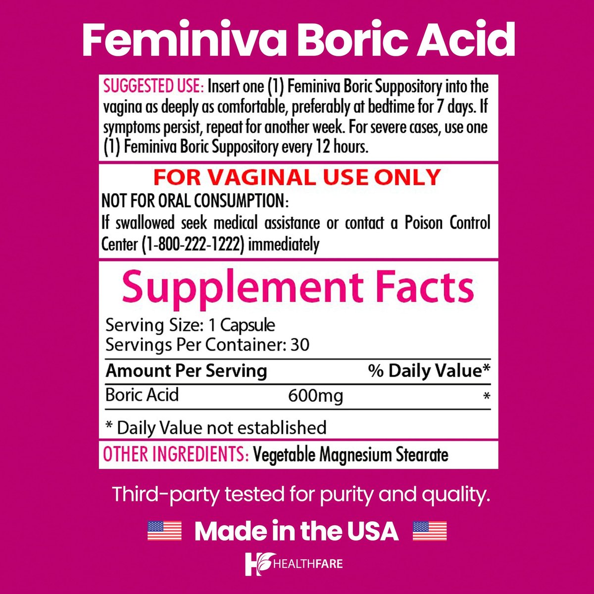 Healthfare Feminiva Borsäure Vaginalzäpfchen | 30 Stück | 600 mg | Intime Gesundheit | 100% rein | Hergestellt in den USA