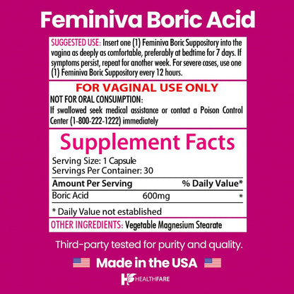 Healthfare Feminiva Borsäure Vaginalzäpfchen | 30 Stück | 600 mg | Intime Gesundheit | 100% rein | Hergestellt in den USA