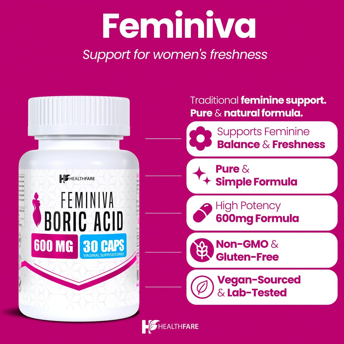 Healthfare Feminiva Borsäure Vaginalzäpfchen | 30 Stück | 600 mg | Intime Gesundheit | 100% rein | Hergestellt in den USA