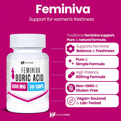 Healthfare Feminiva Borsäure Vaginalzäpfchen | 30 Stück | 600 mg | Intime Gesundheit | 100% rein | Hergestellt in den USA