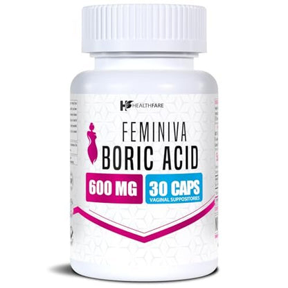 Healthfare Feminiva Borsäure Vaginalzäpfchen | 30 Stück | 600 mg | Intime Gesundheit | 100% rein | Hergestellt in den USA