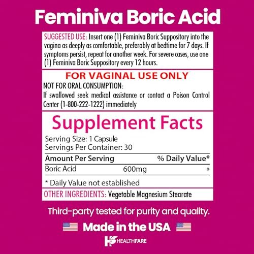 Healthfare Feminiva Borsäure Vaginalzäpfchen | 30 Stück | 600 mg | Intime Gesundheit | 100% rein | Hergestellt in den USA