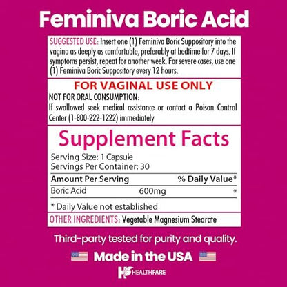 Healthfare Feminiva Borsäure Vaginalzäpfchen | 30 Stück | 600 mg | Intime Gesundheit | 100% rein | Hergestellt in den USA