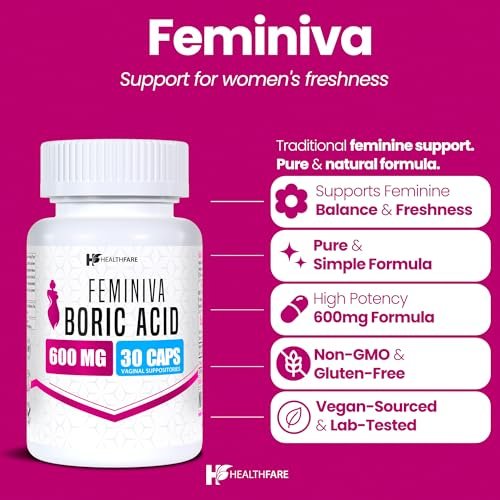 Healthfare Feminiva Borsäure Vaginalzäpfchen | 30 Stück | 600 mg | Intime Gesundheit | 100% rein | Hergestellt in den USA