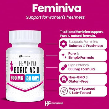 Healthfare Feminiva Borsäure Vaginalzäpfchen | 30 Stück | 600 mg | Intime Gesundheit | 100% rein | Hergestellt in den USA