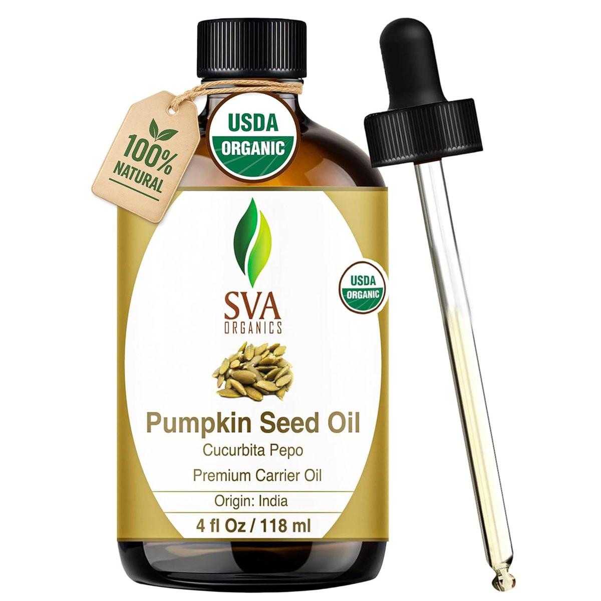 SVA Kürbiskernöl Bio – 4 Fl Oz – 100% natürliches, kaltgepresstes Bio-Kürbiskernöl – für Gesicht, Hautpflege, Haarpflege, Kopfhautmassage & Körpermassage – Trägeröl mit Pipette