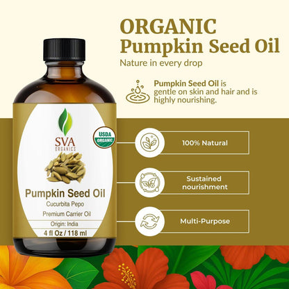 SVA Kürbiskernöl Bio – 4 Fl Oz – 100% natürliches, kaltgepresstes Bio-Kürbiskernöl – für Gesicht, Hautpflege, Haarpflege, Kopfhautmassage & Körpermassage – Trägeröl mit Pipette