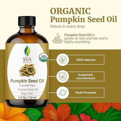SVA Kürbiskernöl Bio – 4 Fl Oz – 100% natürliches, kaltgepresstes Bio-Kürbiskernöl – für Gesicht, Hautpflege, Haarpflege, Kopfhautmassage & Körpermassage – Trägeröl mit Pipette