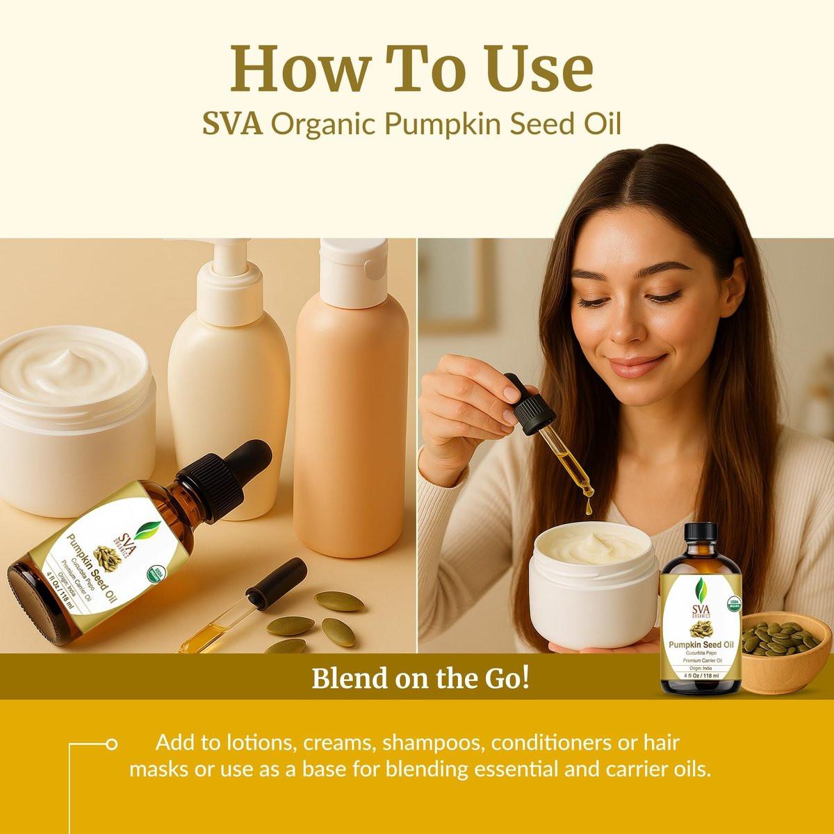 SVA Kürbiskernöl Bio – 4 Fl Oz – 100% natürliches, kaltgepresstes Bio-Kürbiskernöl – für Gesicht, Hautpflege, Haarpflege, Kopfhautmassage & Körpermassage – Trägeröl mit Pipette