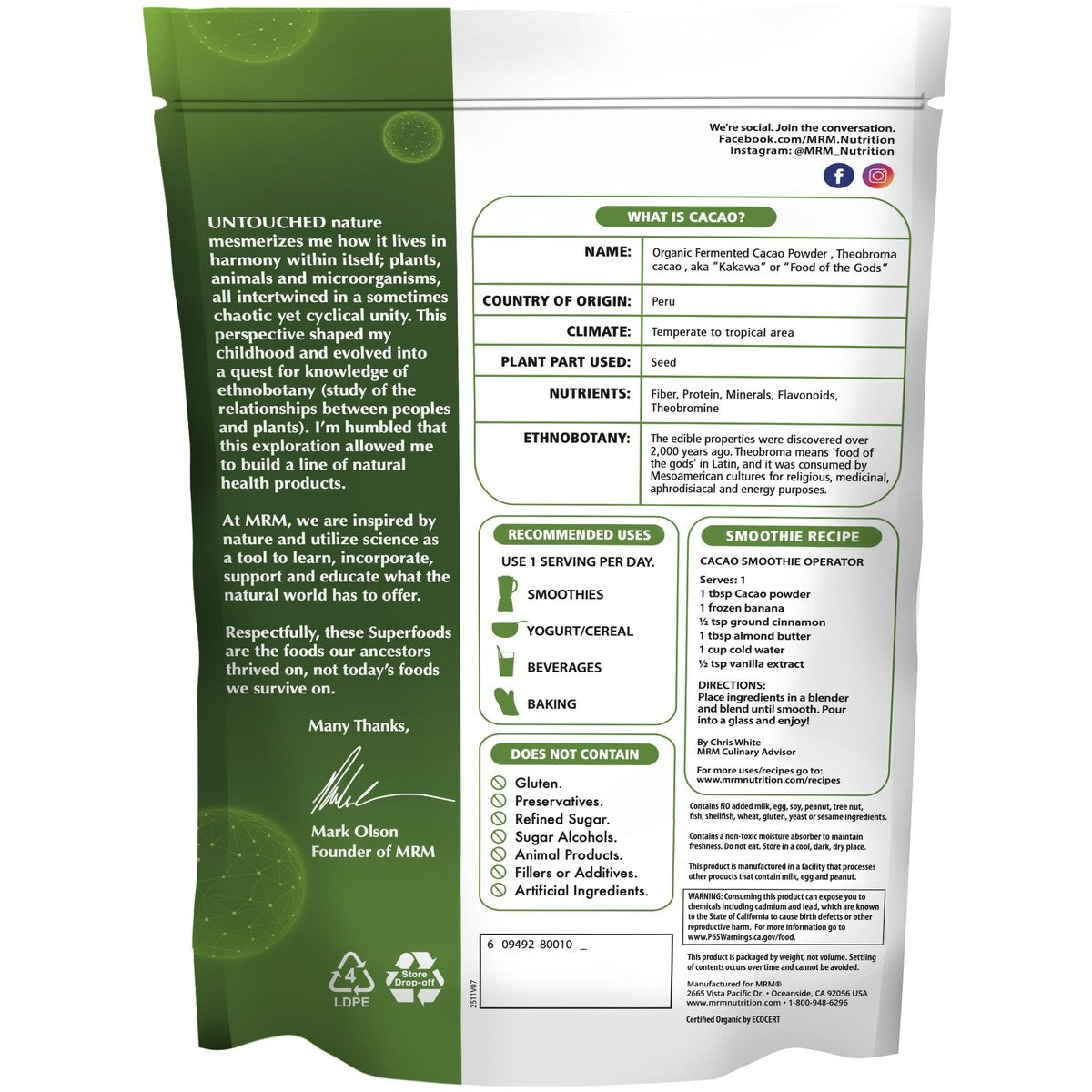MRM Nutrition Bio-fermentiertes Kakaopulver aus Peru - Reich an Antioxidantien, Flavonoiden, ungesüßt, vegan, glutenfrei, nicht-GVO - 43 Portionen