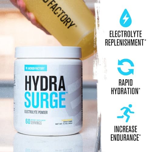 Jacked Factory HYDRASURGE Elektrolyt-Pulver – Hydrationspräparat mit wichtigen Mineralien, Himalaya-Meersalz, Kokoswasser – Keto-freundlich, natürlich gesüßt – 60 Portionen, erfrischende Limonade