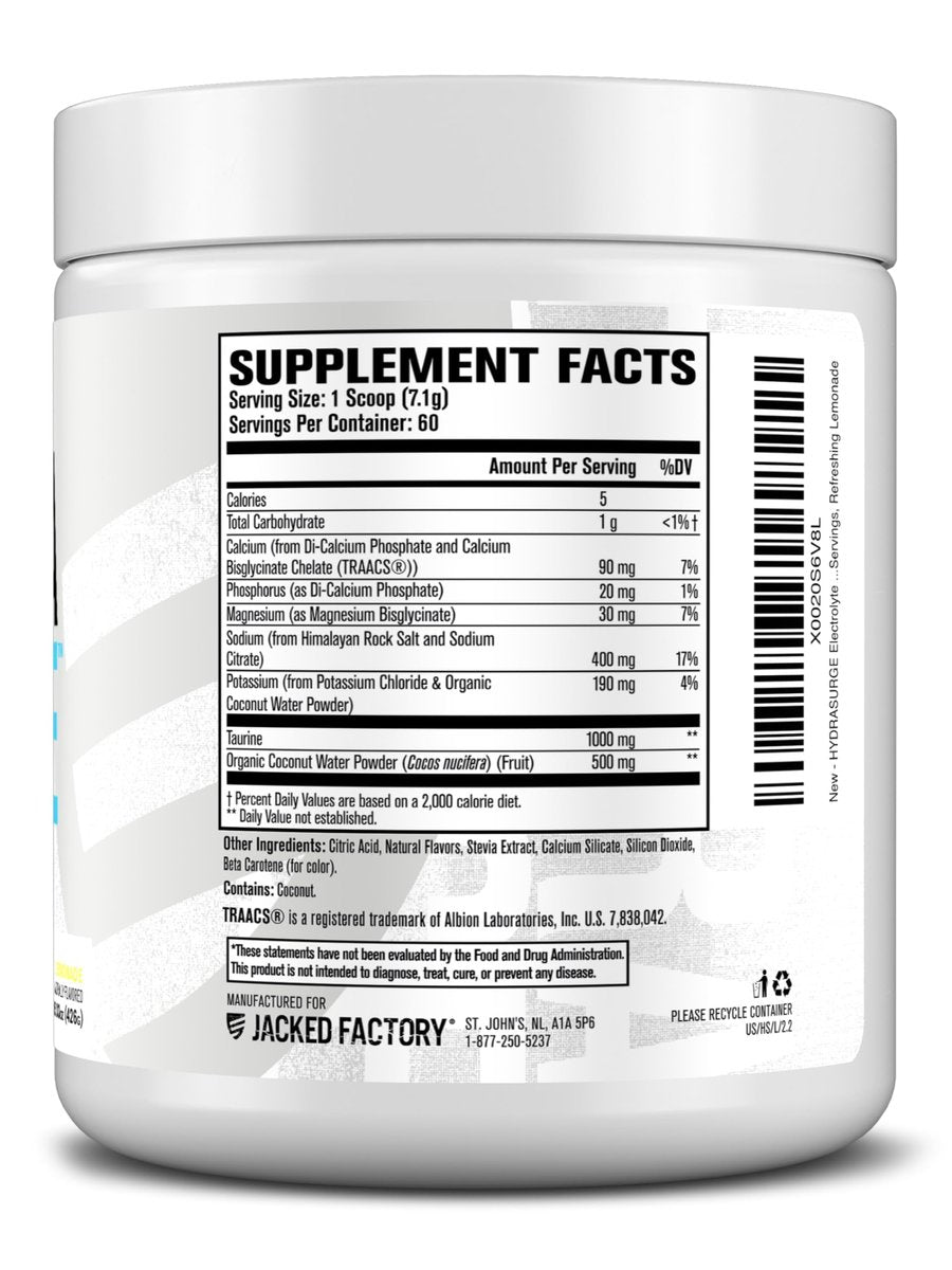 Jacked Factory HYDRASURGE Elektrolyt-Pulver – Hydrationspräparat mit wichtigen Mineralien, Himalaya-Meersalz, Kokoswasser – Keto-freundlich, natürlich gesüßt – 60 Portionen, erfrischende Limonade