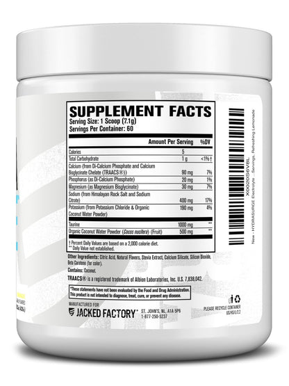 Jacked Factory HYDRASURGE Elektrolyt-Pulver – Hydrationspräparat mit wichtigen Mineralien, Himalaya-Meersalz, Kokoswasser – Keto-freundlich, natürlich gesüßt – 60 Portionen, erfrischende Limonade