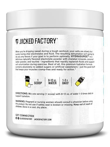 Jacked Factory HYDRASURGE Elektrolyt-Pulver – Hydrationspräparat mit wichtigen Mineralien, Himalaya-Meersalz, Kokoswasser – Keto-freundlich, natürlich gesüßt – 60 Portionen, erfrischende Limonade
