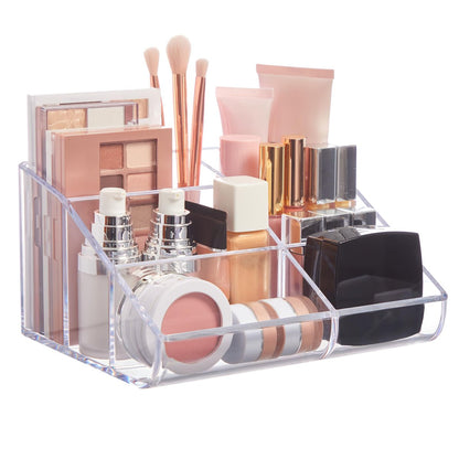 STORi Klarsicht-Kosmetikorganizer aus Kunststoff | 6-Fächer-Aufbewahrung für Pinsel, Lidschattenpaletten & Beauty-Zubehör | Gebogenes Frontdesign | Hergestellt in den USA
