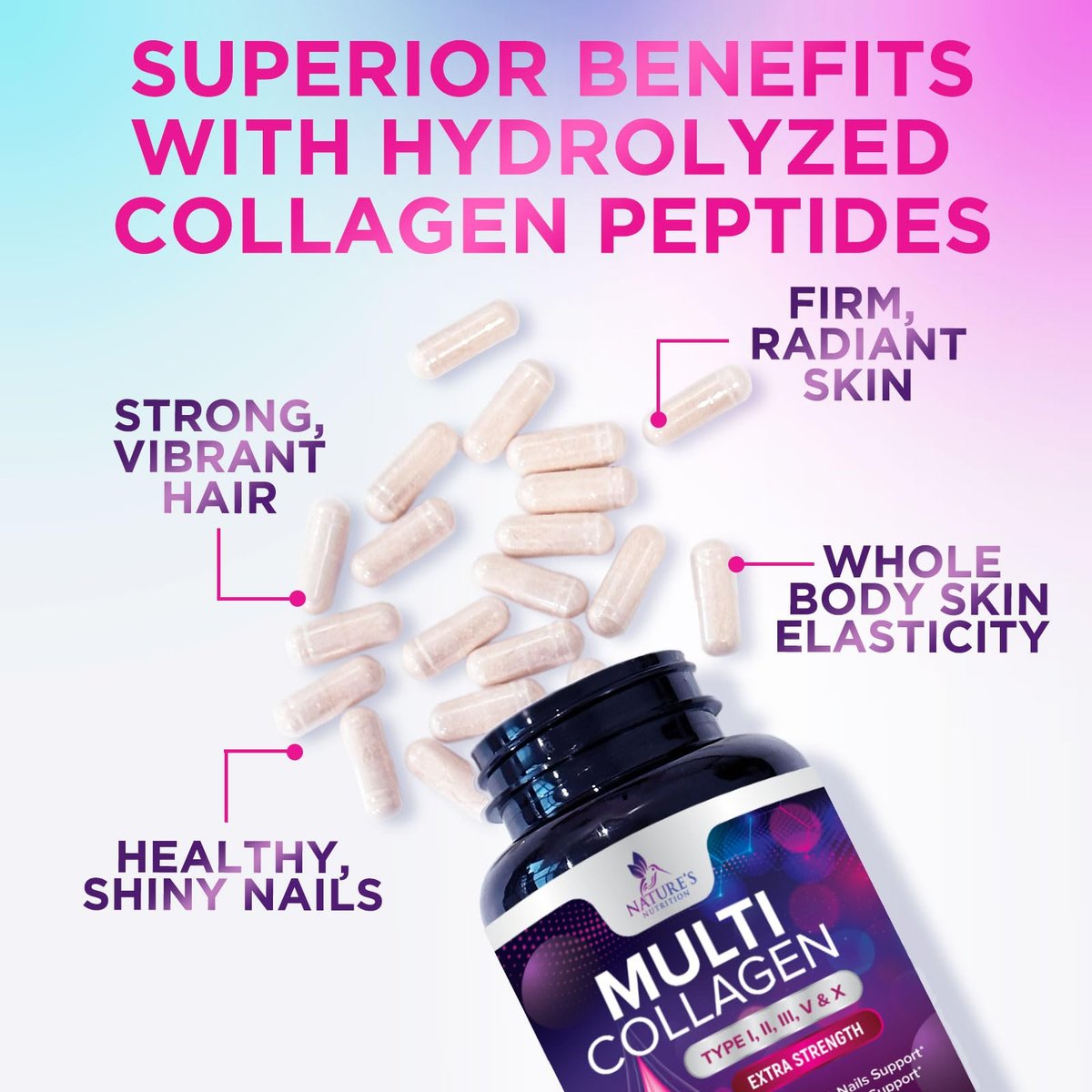 Multi Collagen Komplex Kapseln – Hydrolysierte Kollagenpeptide für Frauen & Männer – Typen I, II, III, V, X – Unterstützung für Haare, Haut & Nägel – Hergestellt in den USA – 60 Kapseln