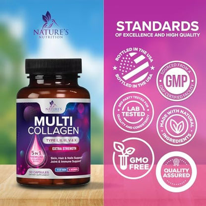 Multi Collagen Komplex Kapseln – Hydrolysierte Kollagenpeptide für Frauen & Männer – Typen I, II, III, V, X – Unterstützung für Haare, Haut & Nägel – Hergestellt in den USA – 60 Kapseln