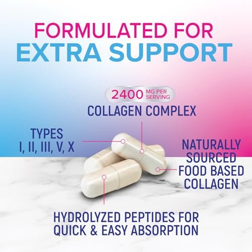 Multi Collagen Komplex Kapseln – Hydrolysierte Kollagenpeptide für Frauen & Männer – Typen I, II, III, V, X – Unterstützung für Haare, Haut & Nägel – Hergestellt in den USA – 60 Kapseln