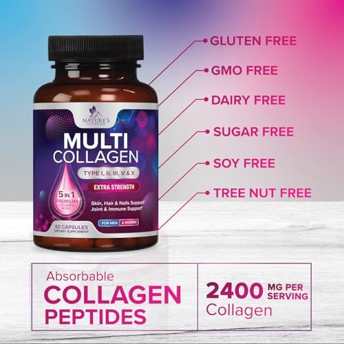 Multi Collagen Komplex Kapseln – Hydrolysierte Kollagenpeptide für Frauen & Männer – Typen I, II, III, V, X – Unterstützung für Haare, Haut & Nägel – Hergestellt in den USA – 60 Kapseln