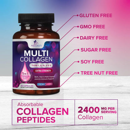 Multi Collagen Komplex Kapseln – Hydrolysierte Kollagenpeptide für Frauen & Männer – Typen I, II, III, V, X – Unterstützung für Haare, Haut & Nägel – Hergestellt in den USA – 60 Kapseln