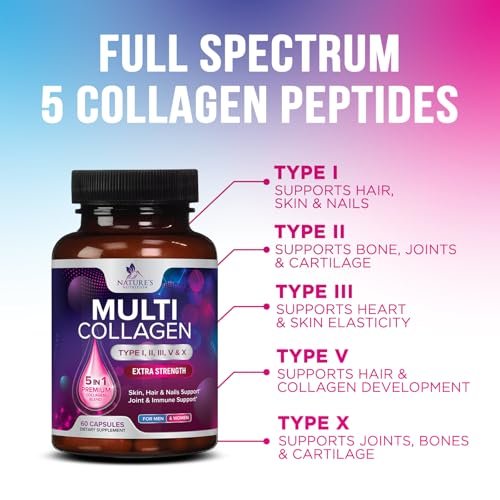 Multi Collagen Komplex Kapseln – Hydrolysierte Kollagenpeptide für Frauen & Männer – Typen I, II, III, V, X – Unterstützung für Haare, Haut & Nägel – Hergestellt in den USA – 60 Kapseln