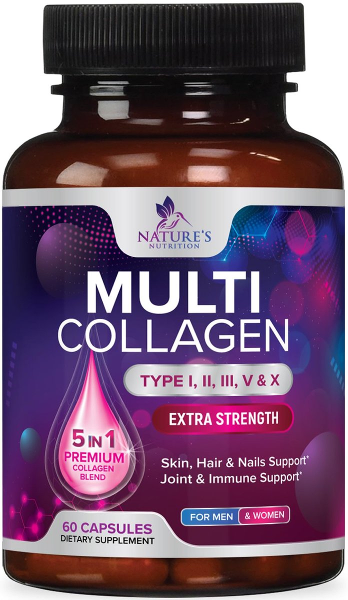 Multi Collagen Komplex Kapseln – Hydrolysierte Kollagenpeptide für Frauen & Männer – Typen I, II, III, V, X – Unterstützung für Haare, Haut & Nägel – Hergestellt in den USA – 60 Kapseln