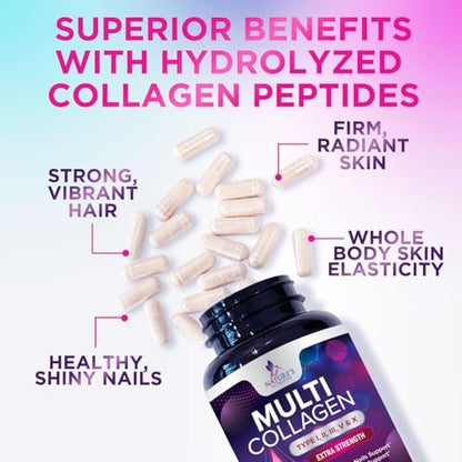 Multi Collagen Komplex Kapseln – Hydrolysierte Kollagenpeptide für Frauen & Männer – Typen I, II, III, V, X – Unterstützung für Haare, Haut & Nägel – Hergestellt in den USA – 60 Kapseln