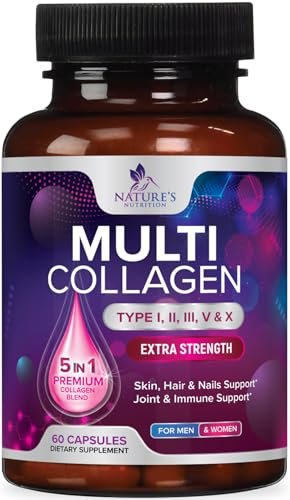 Multi Collagen Komplex Kapseln – Hydrolysierte Kollagenpeptide für Frauen & Männer – Typen I, II, III, V, X – Unterstützung für Haare, Haut & Nägel – Hergestellt in den USA – 60 Kapseln