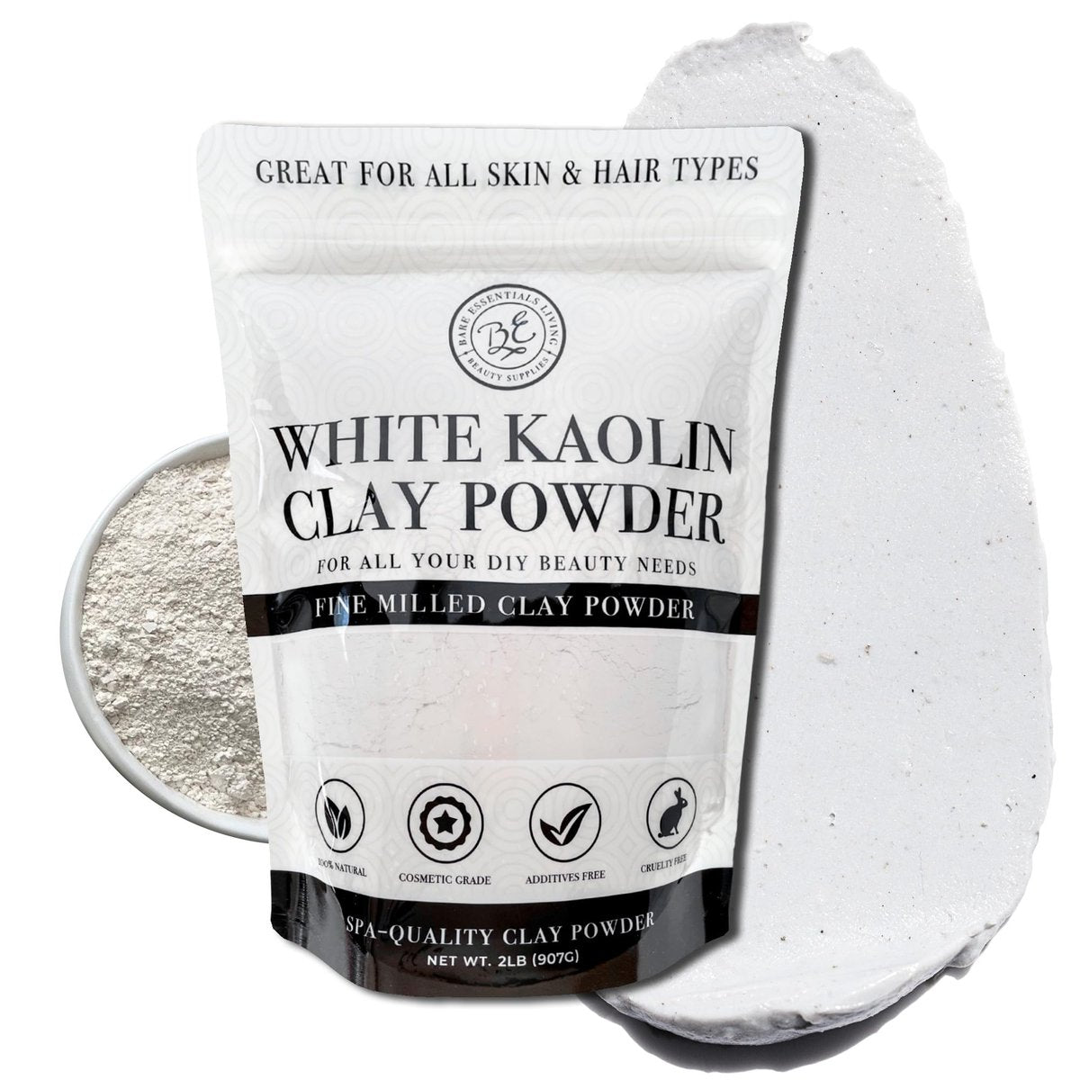 Bare Essentials Living - Weißes Kaolin-Tonpulver (2 Pfund) 100% natürliches weißes Tonpulver für Samenbomben, weiße Tonmaske, DIY-Spa, Seife, Badebombe, Deodorant, kann als Kaolin-Ton für die Gartenarbeit verwendet werden