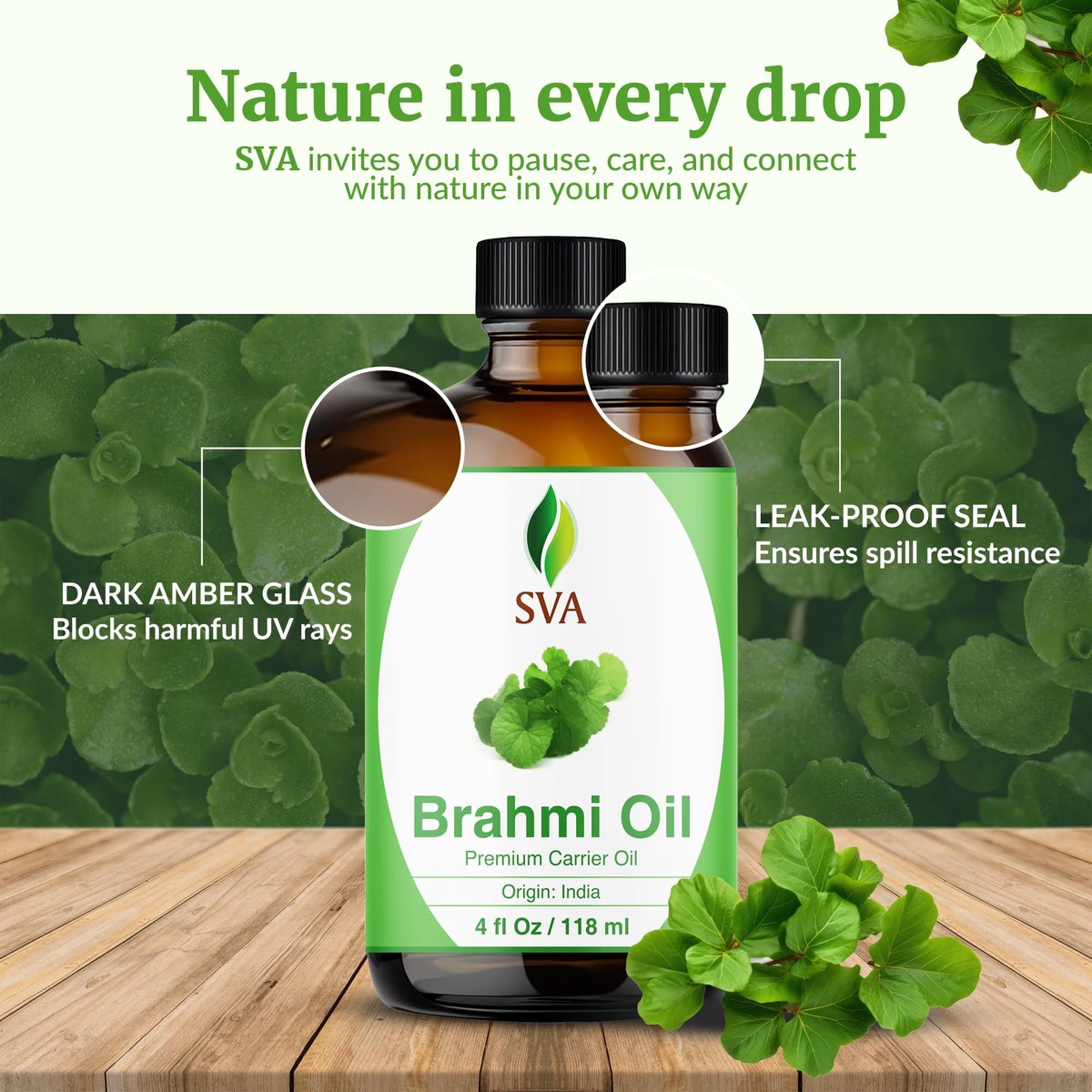 SVA Brahmi Öl - 118 ml – 100% natürliches kaltgepresstes Brahmi-Öl für Gesicht, Hautpflege, Haarpflege, Kopfhautmassage & Körpermassage – Trägeröl mit Pipette