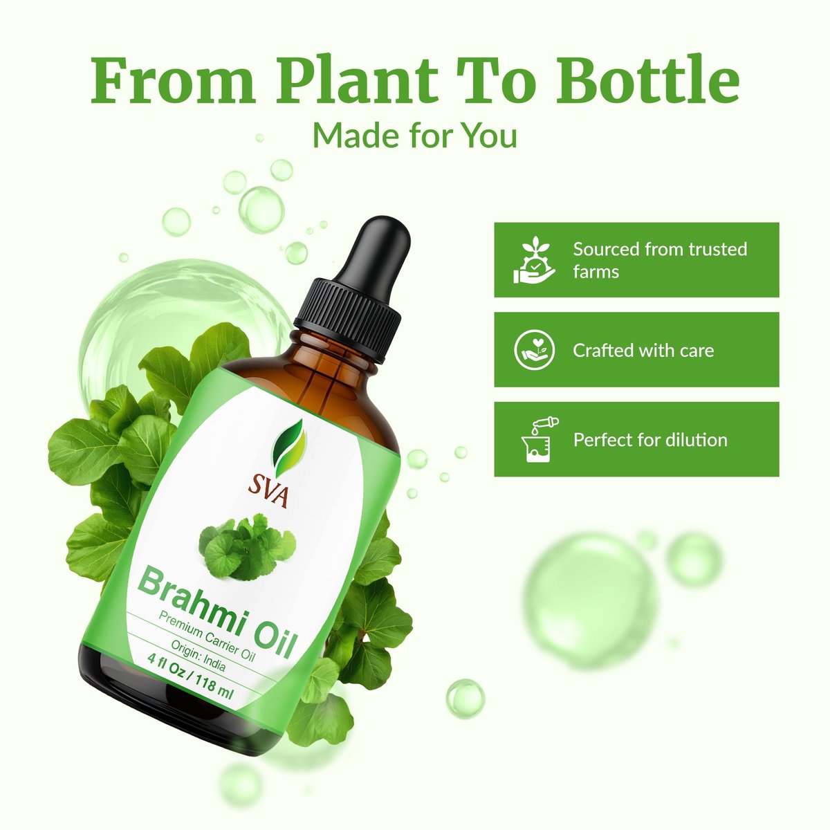 SVA Brahmi Öl - 118 ml – 100% natürliches kaltgepresstes Brahmi-Öl für Gesicht, Hautpflege, Haarpflege, Kopfhautmassage & Körpermassage – Trägeröl mit Pipette