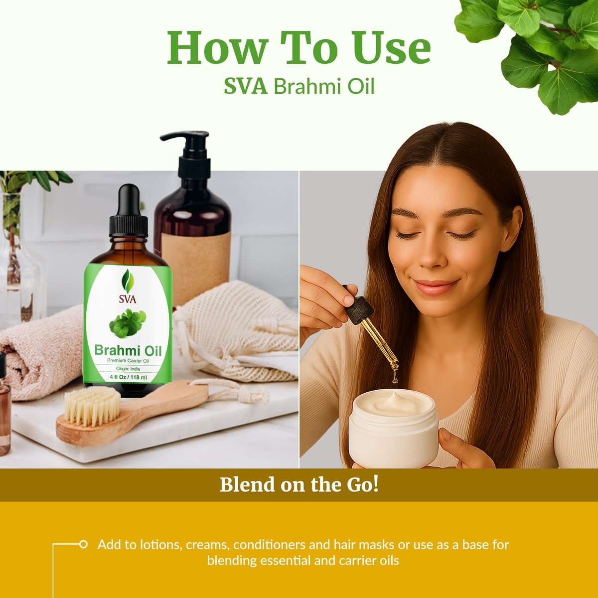 SVA Brahmi Öl - 118 ml – 100% natürliches kaltgepresstes Brahmi-Öl für Gesicht, Hautpflege, Haarpflege, Kopfhautmassage & Körpermassage – Trägeröl mit Pipette