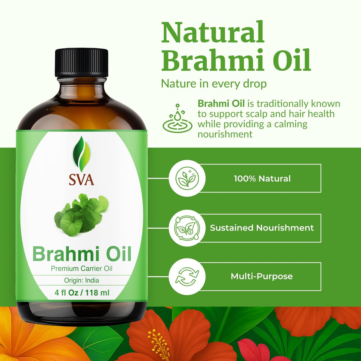 SVA Brahmi Öl - 118 ml – 100% natürliches kaltgepresstes Brahmi-Öl für Gesicht, Hautpflege, Haarpflege, Kopfhautmassage & Körpermassage – Trägeröl mit Pipette