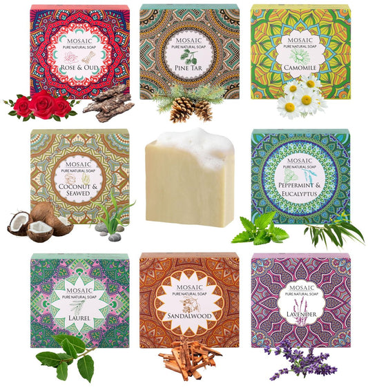 AEGEAN 100% Natürliche Seife mit Bio-Zutaten, Handgemacht, Vegan, Feuchtigkeitsspendend, mit Premium-Ätherischen Ölen, Körperseife für Damen und Herren, 6er-Pack