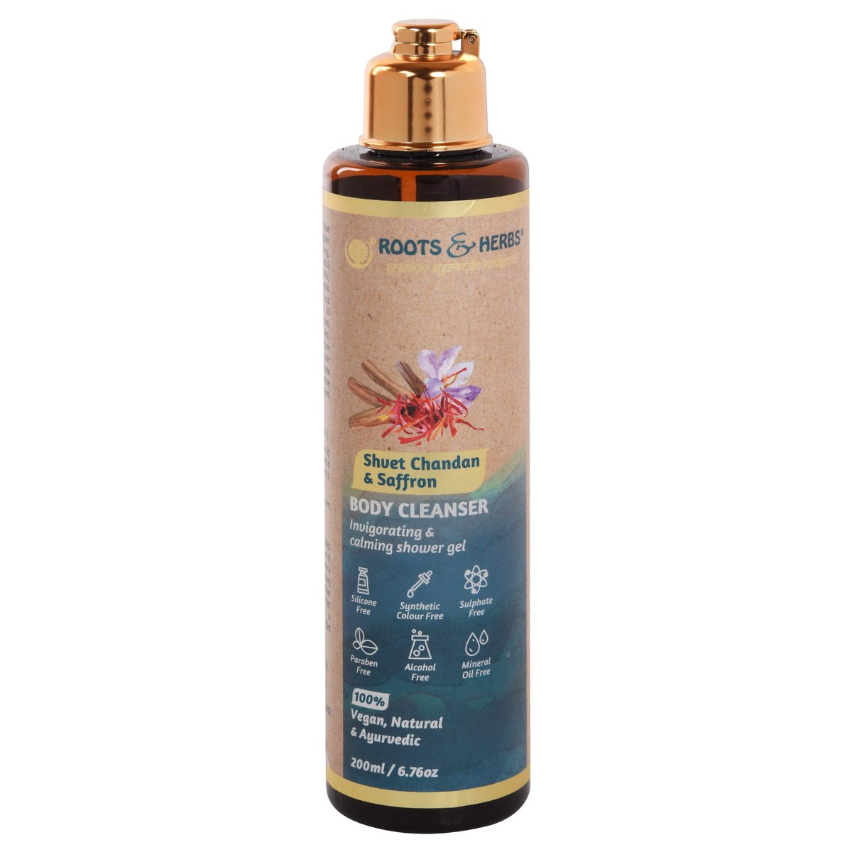 ROOTS AND HERBS Ayurvedic Body Wash Duschgel mit rotem Sandelholz Shvet Chandan & Safran 6,76 oz
