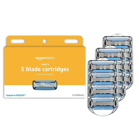 Amazon Basics 5-Klingen-Rasierer-Nachfüllpackung für Männer mit Doppelschmierung, hypoallergen, saubere Rasur, Präzisionsbarttrimmer, 12er-Pack (nur für Amazon Basics Rasierergriffe)