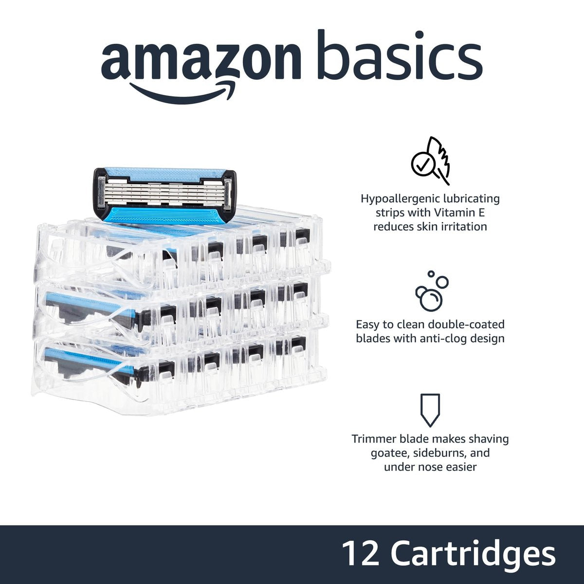 Amazon Basics 5-Klingen-Rasierer-Nachfüllpackung für Männer mit Doppelschmierung, hypoallergen, saubere Rasur, Präzisionsbarttrimmer, 12er-Pack (nur für Amazon Basics Rasierergriffe)