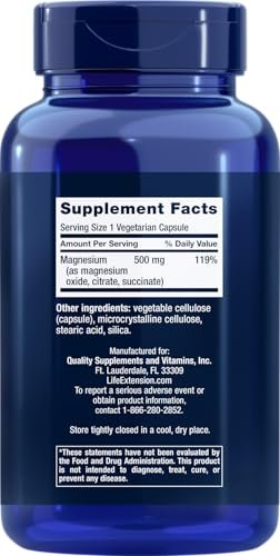 Life Extension Magnesium Kapseln 500 mg, 270 vegane Kapseln - Breitband-Magnesium mit 3 Formen: Oxid, Citrat, Succinat - Vegetarisch